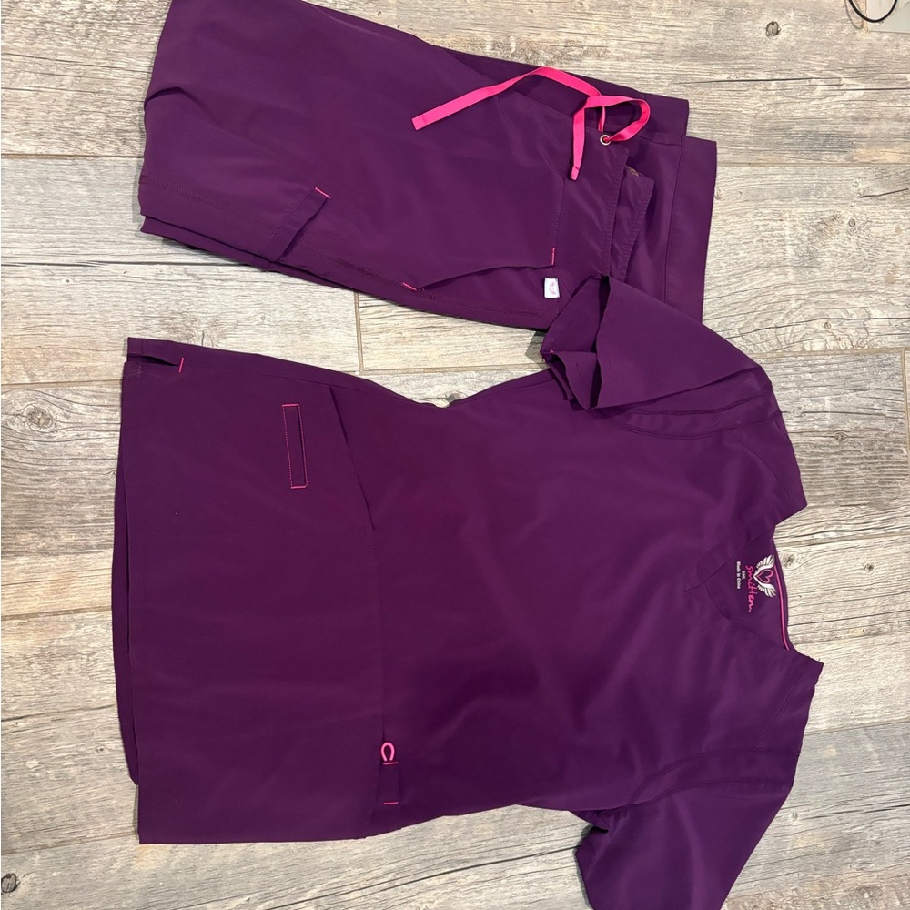 Smitten Purple Scrub Set with Pink Accents